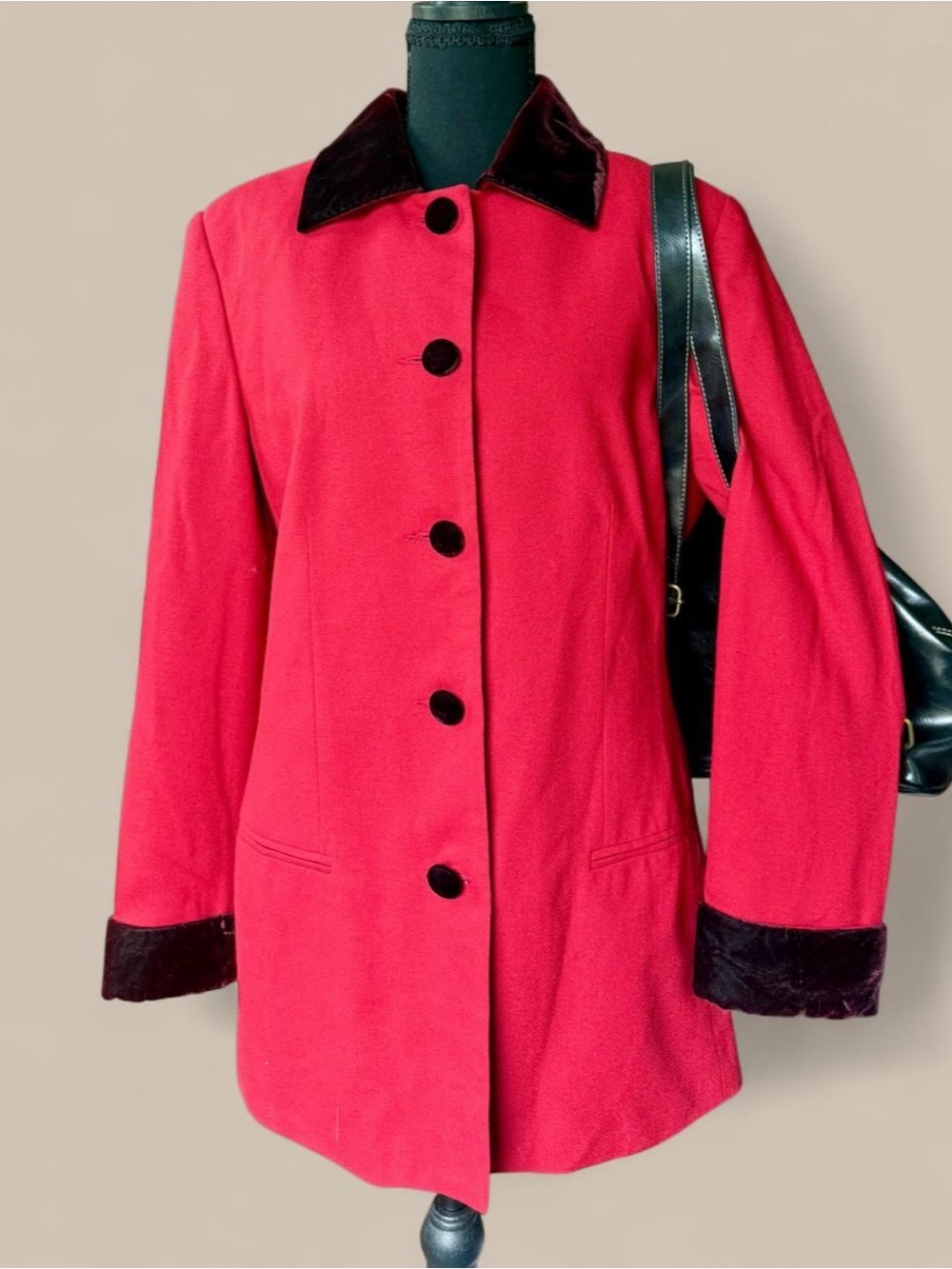 Laura Scott Red Pea Coat with Black Velvet Trim